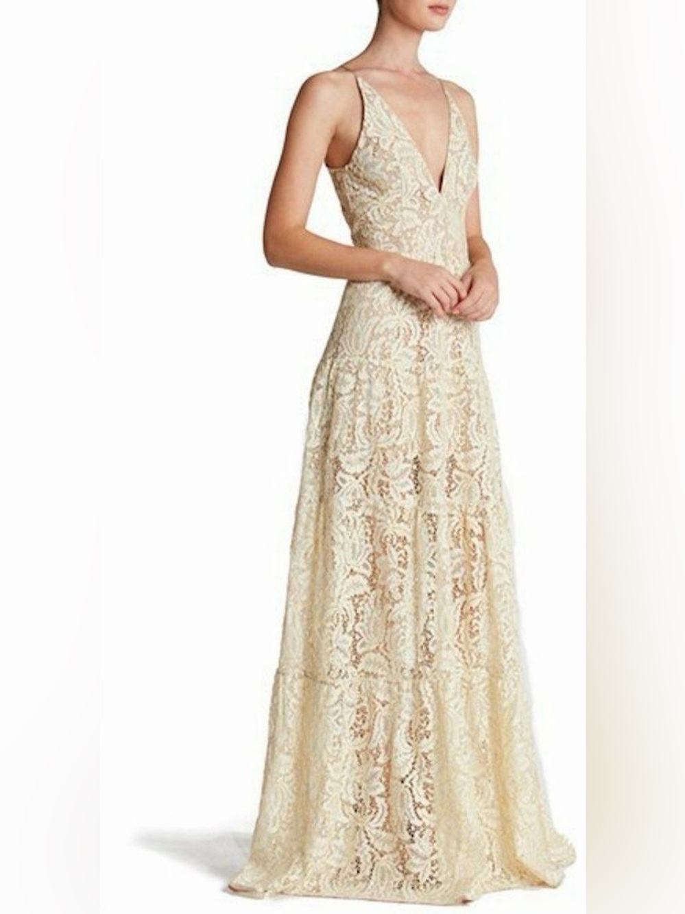 Dress the Population Melina Lace Gold Cream Maxi Dress Women’s Size L